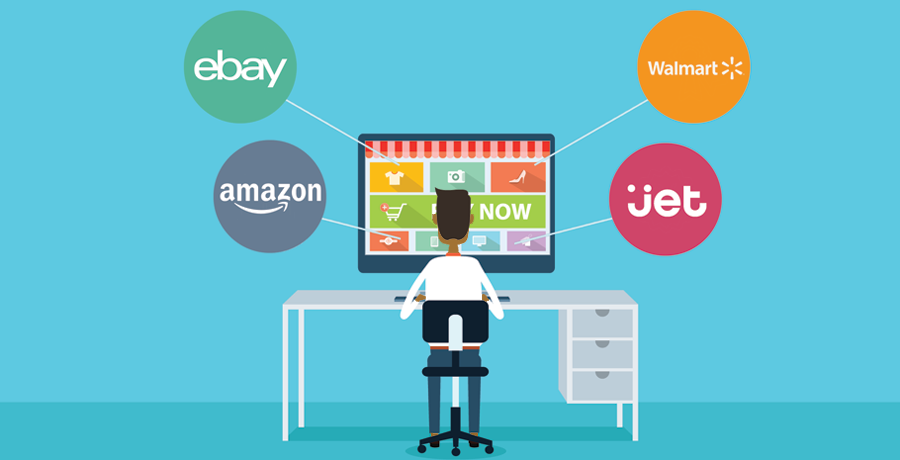 Illustration of multiple online marketplaces - eBay, Amazon, Walmart and Jet
